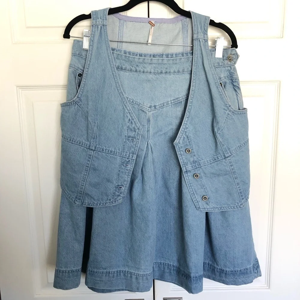 Free People Scout Light Wash Denim Set with Pleated Midi Skirt Size 10
